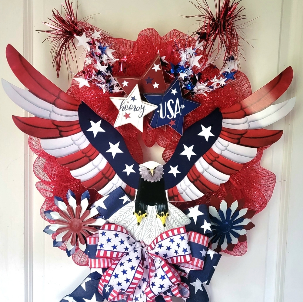 Fourth of July Patriotic Wreath Tin Eagle Fireworks Deco Mesh Bow
